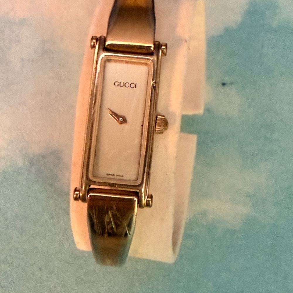 Gucci Gold-Tone Rectangular Watch with Brown Leat… - image 2